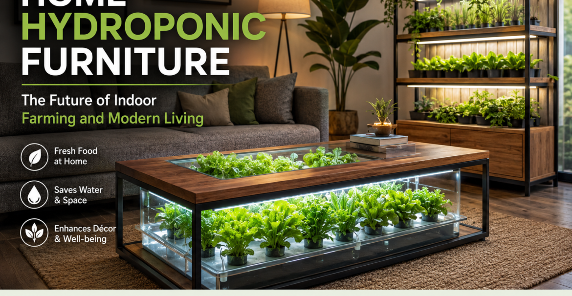 High-quality visualization of hydroponic furniture for modern homes: where décor meets food production featuring advanced farming techniques, hydroponics, and sustainable agriculture.