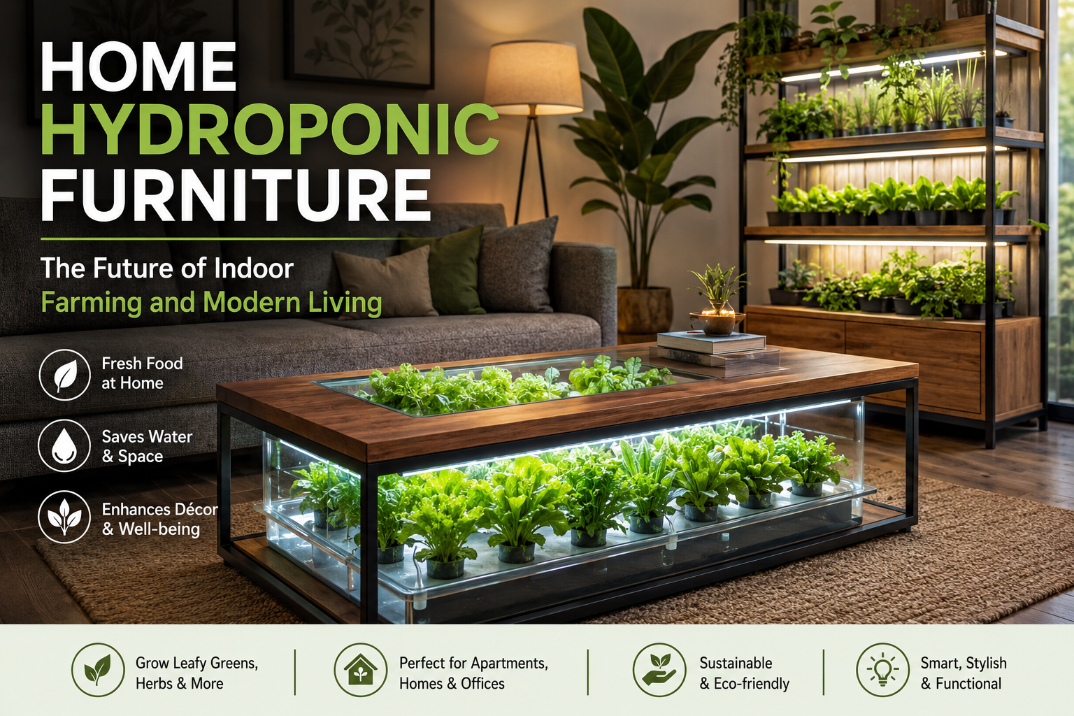 High-quality visualization of hydroponic furniture for modern homes: where décor meets food production featuring advanced farming techniques, hydroponics, and sustainable agriculture.