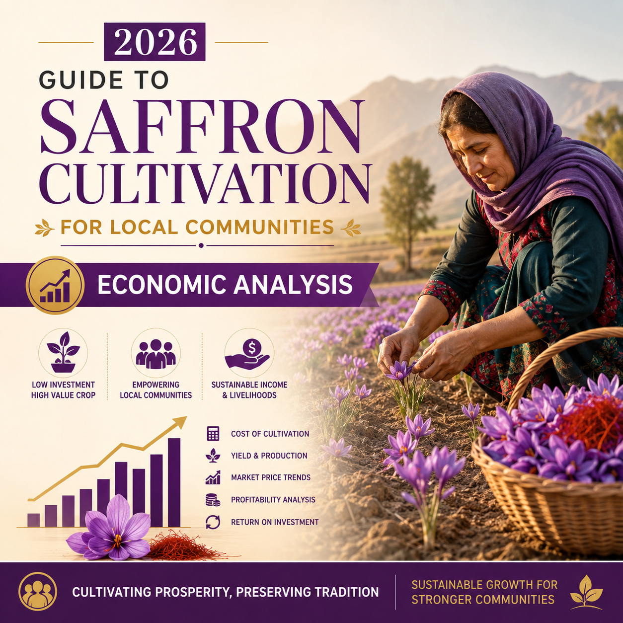 High-quality visualization of 2026 guide to saffron cultivation for local communities : economic analysis featuring advanced farming techniques, hydroponics, and sustainable agriculture.