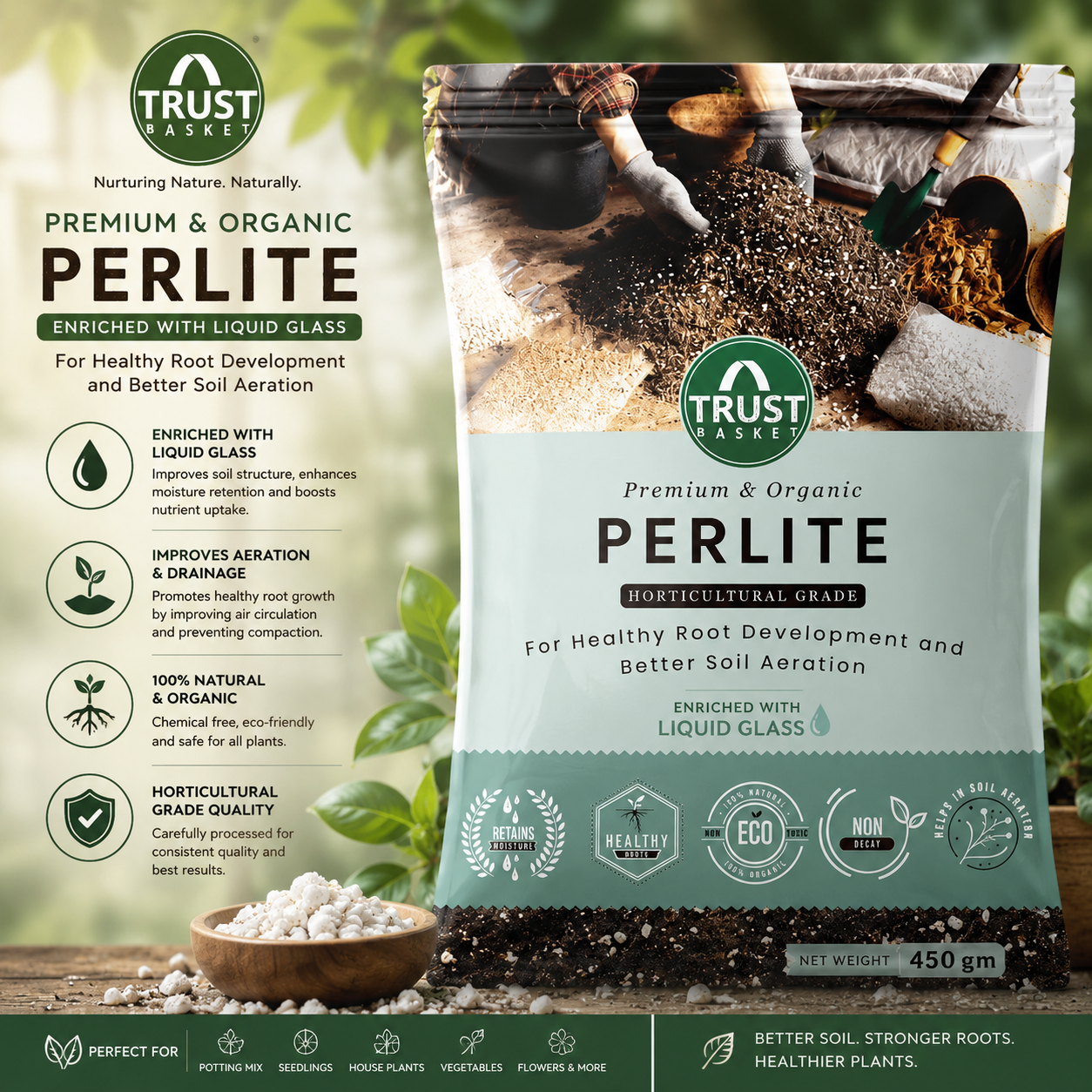Perlite — Lightweight volcanic mineral that improves aeration and drainage in potting mixes, soil & growing media