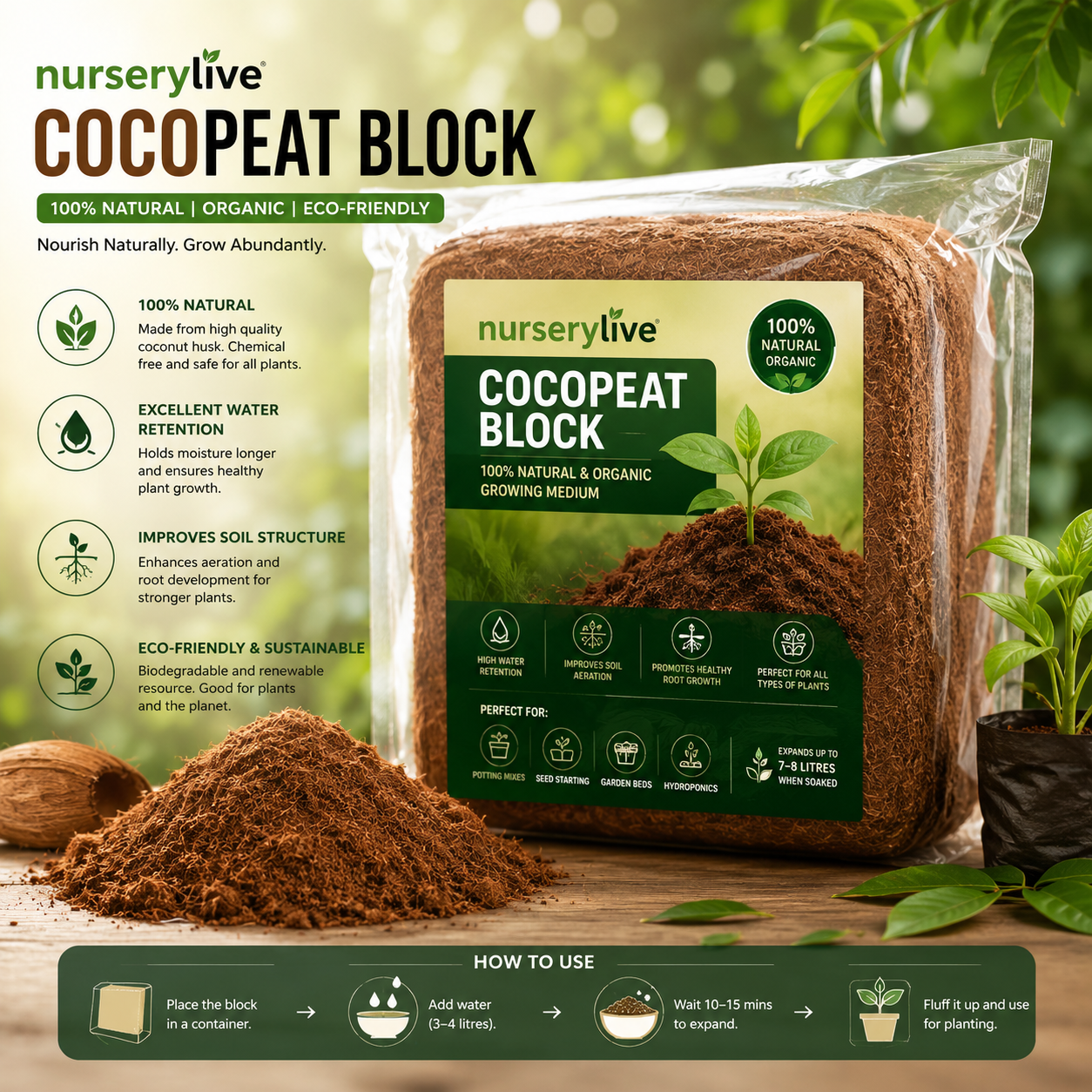 Cocopeat Powder — Decompressed coir powder ready to mix as a soil-lightening medium, soil & growing media