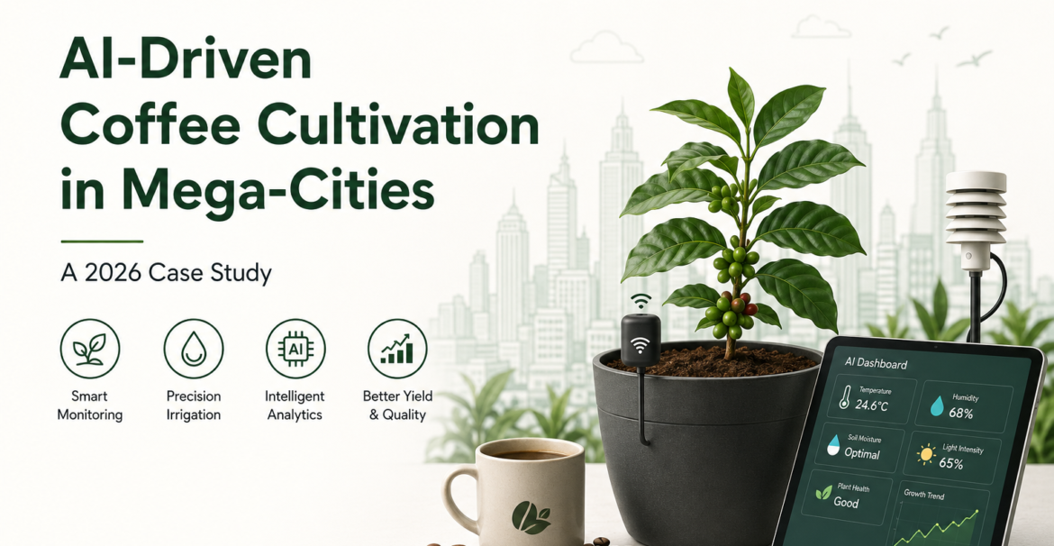 High-quality visualization of coffee cultivation in mega cities 2026 case study featuring advanced farming techniques, hydroponics, and sustainable agriculture.