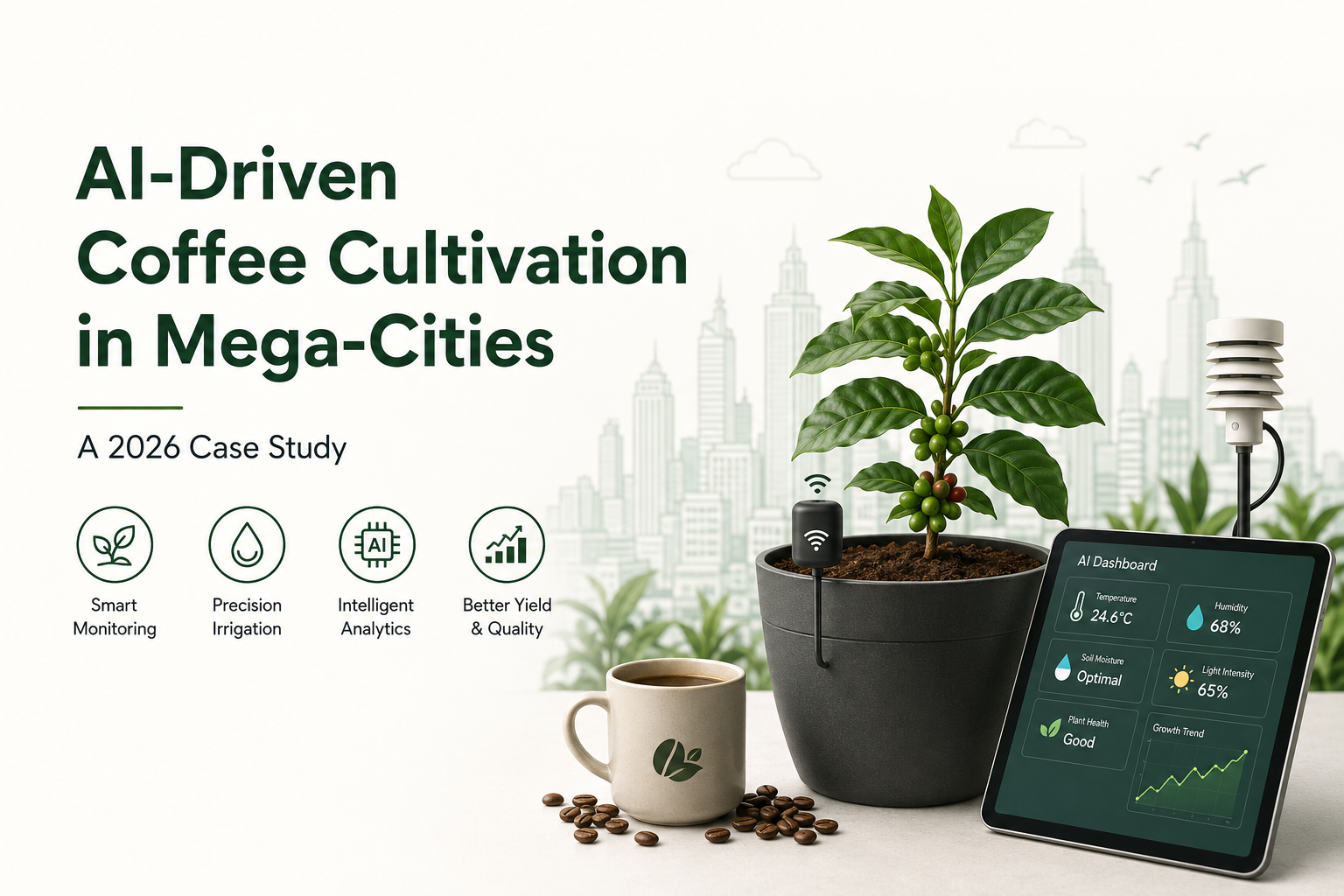 High-quality visualization of coffee cultivation in mega cities 2026 case study featuring advanced farming techniques, hydroponics, and sustainable agriculture.