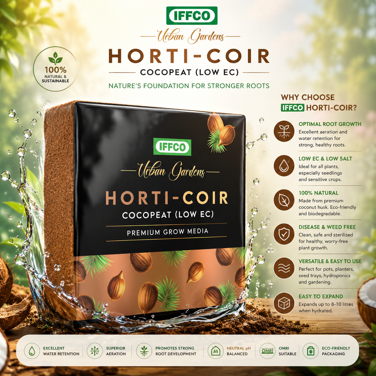 Horti-Coir — Compressed coconut-fibre block that expands fifteenfold into an anti-fungal growing medium, soil & growing media