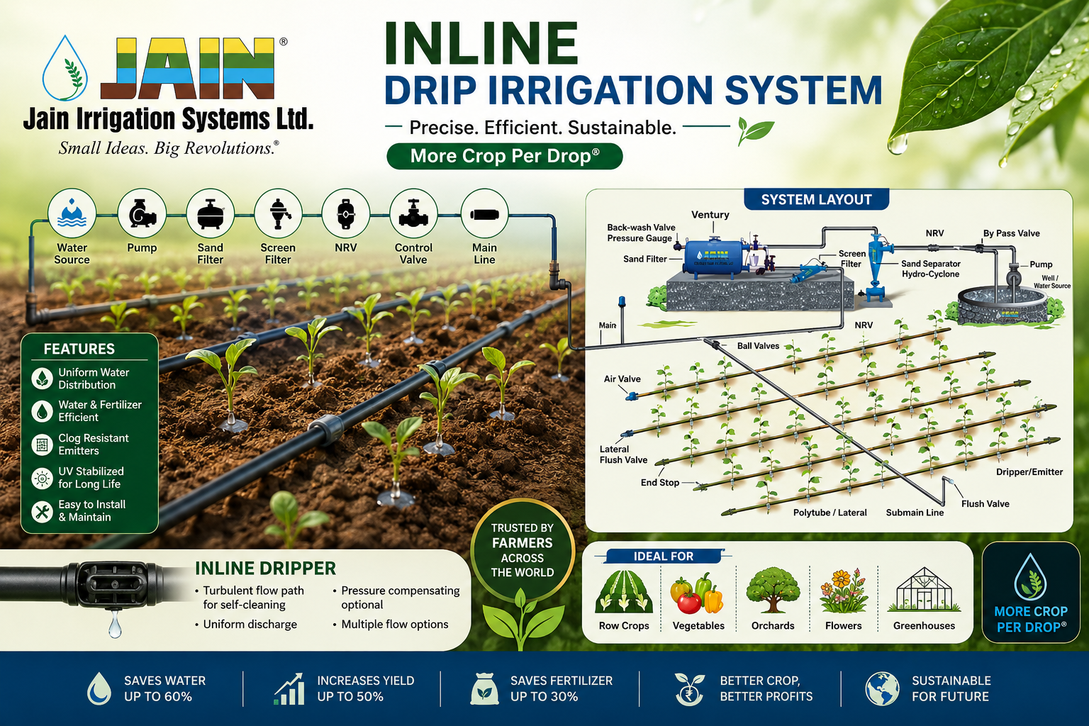 Inline Drip Irrigation System — Integral inline dripline with built-in emitters for uniform row-crop watering