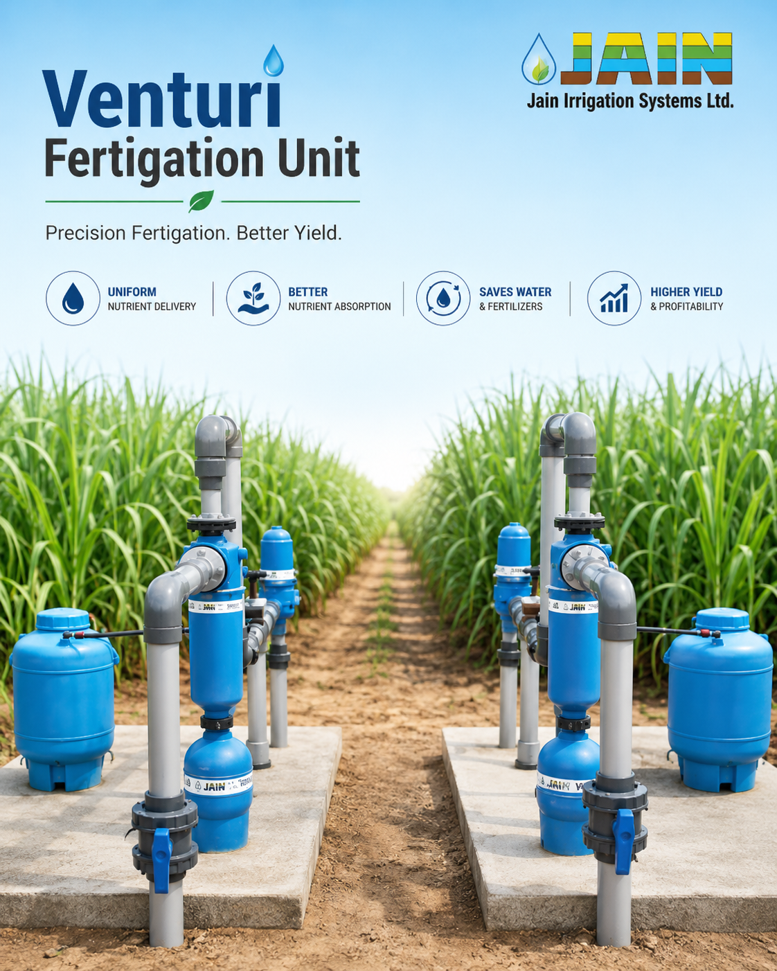 Venturi Fertigation Unit — Venturi injector that draws fertilizer into the irrigation line for fertigation