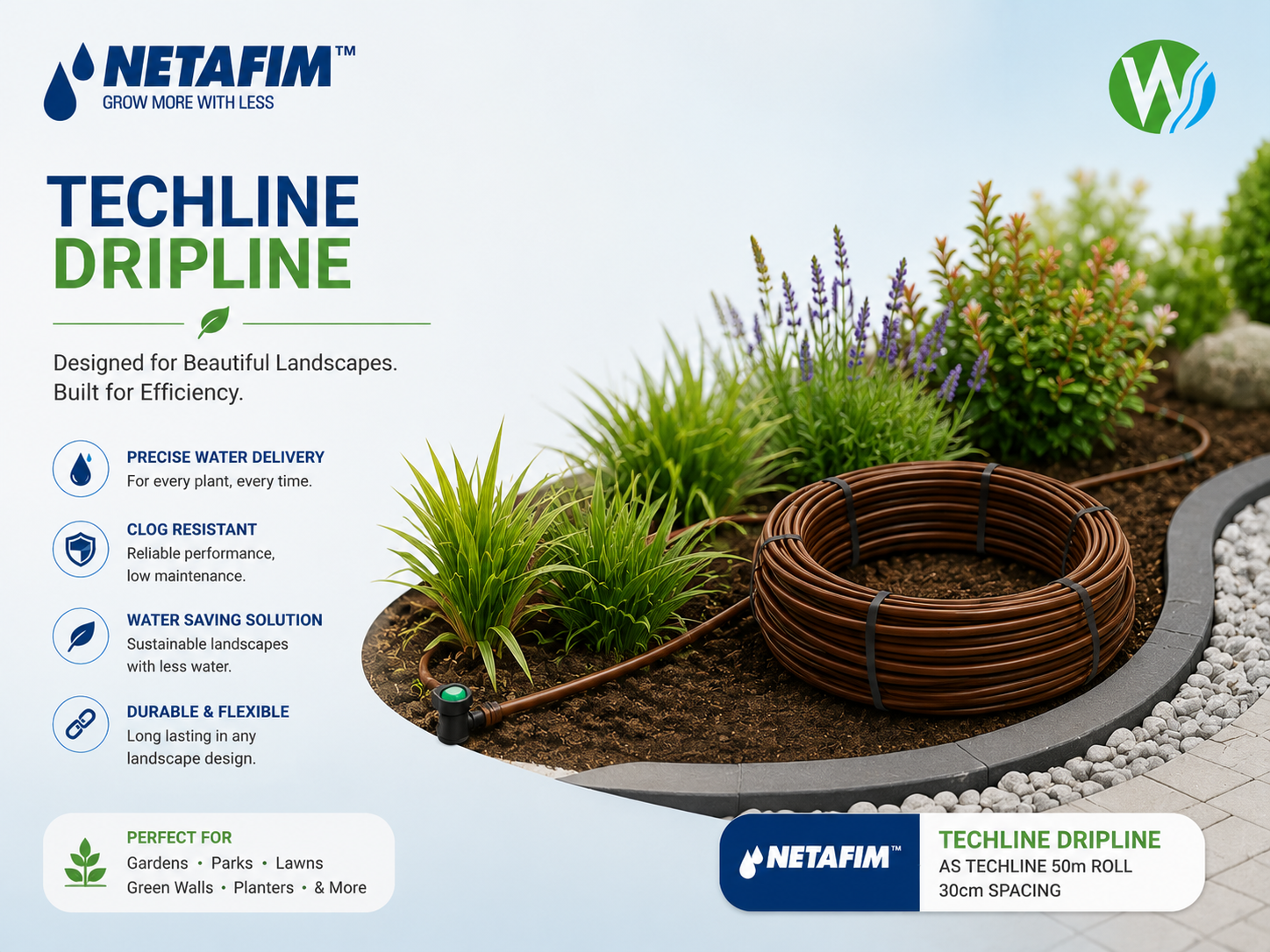 Techline CV Dripline — Pressure-compensating dripline with check valve for landscape and SDI, irrigation & water