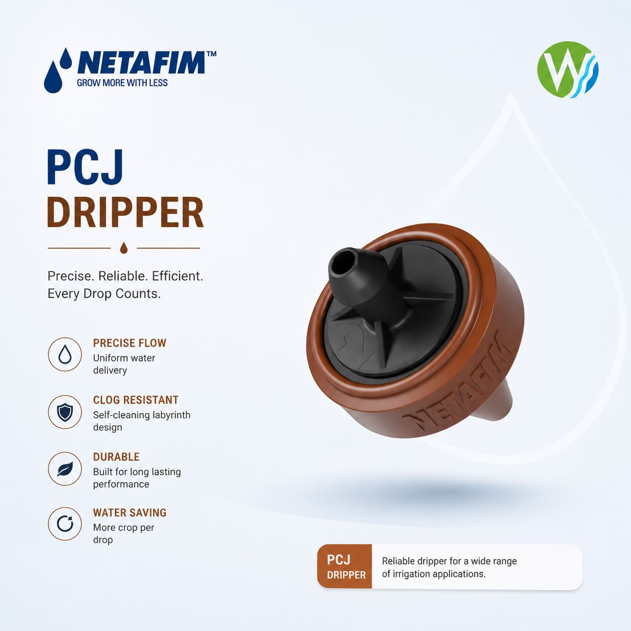 PCJ Dripper — Self-cleaning pressure-compensating on-line dripper with anti-drain option, irrigation & water