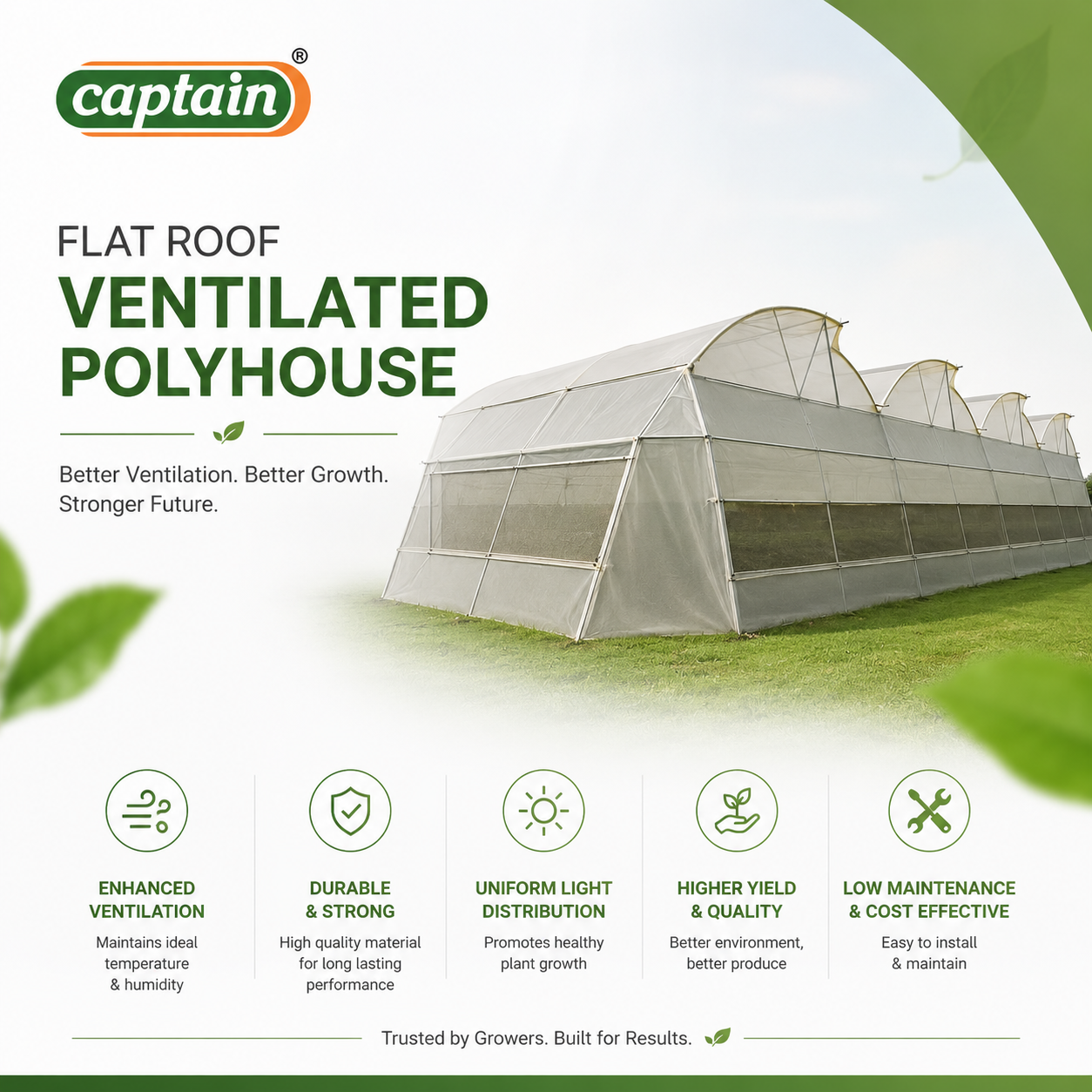 Flat Roof Ventilated Polyhouse — Flat-roof ventilated greenhouse structure for controlled protected cultivation