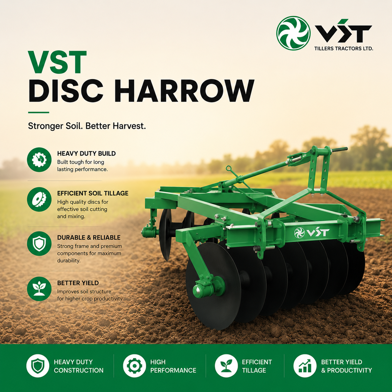 VST Disc Harrow — Disc harrow for clod breaking and field levelling after ploughing, machinery & equipment