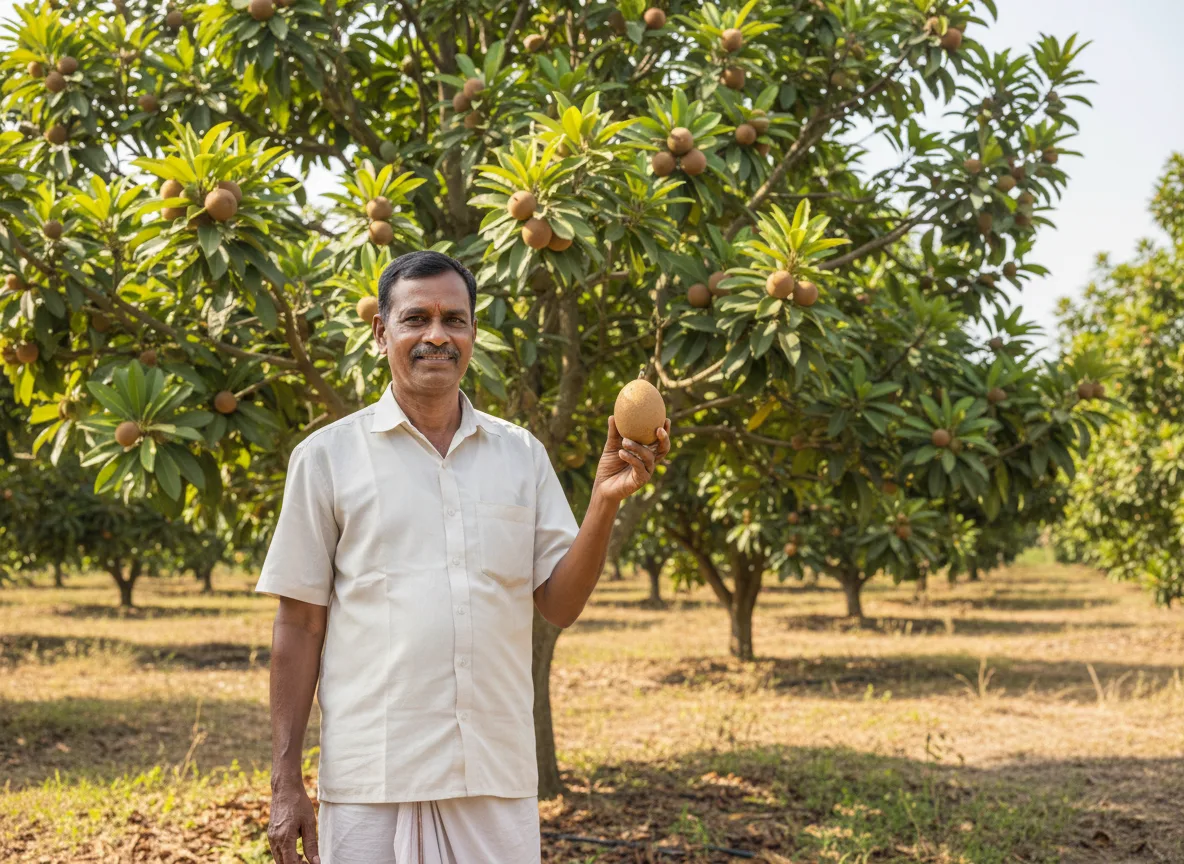 A farmer in a lush Sapota orchard in the Cauvery Basin holds a ripe Chiku, with fruit-laden trees in the background.