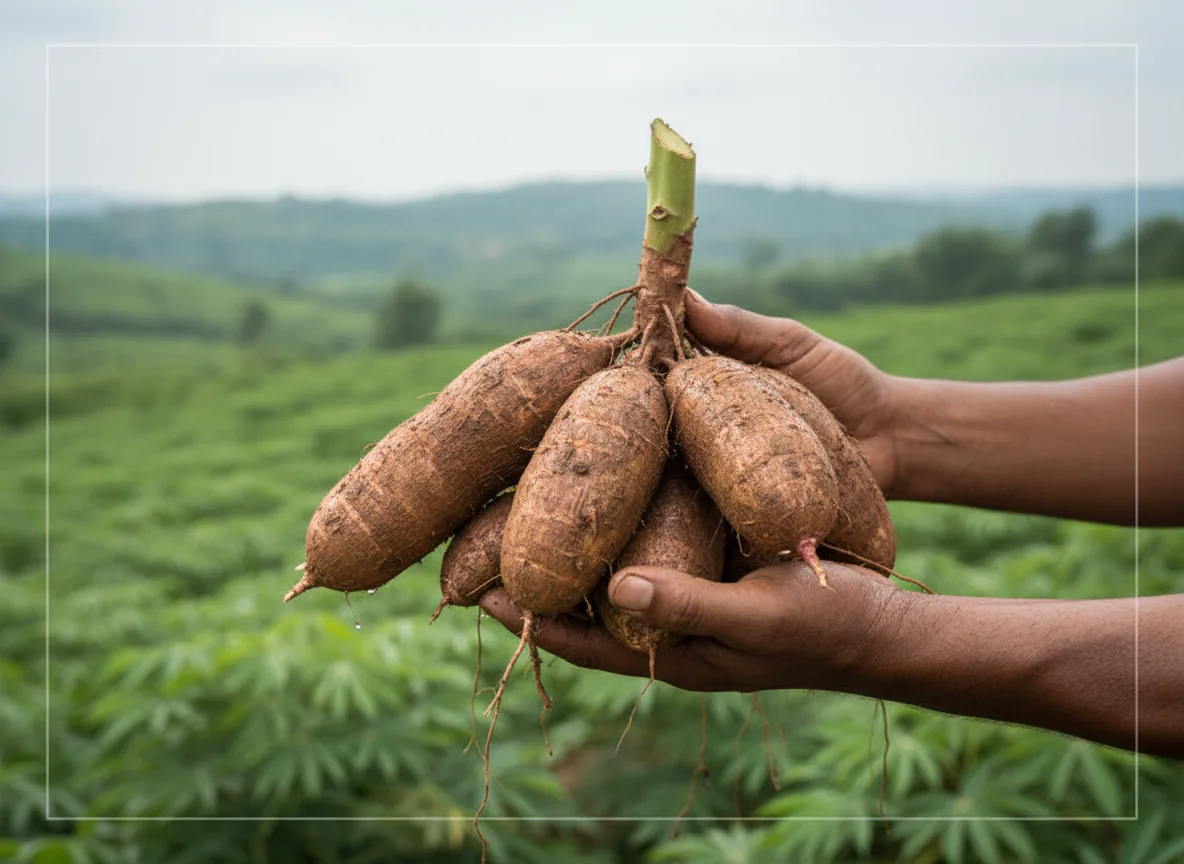 A farmer's hands holding a freshly harvested bunch of large tapioca tubers, with a Manipur tapioca field in the background.