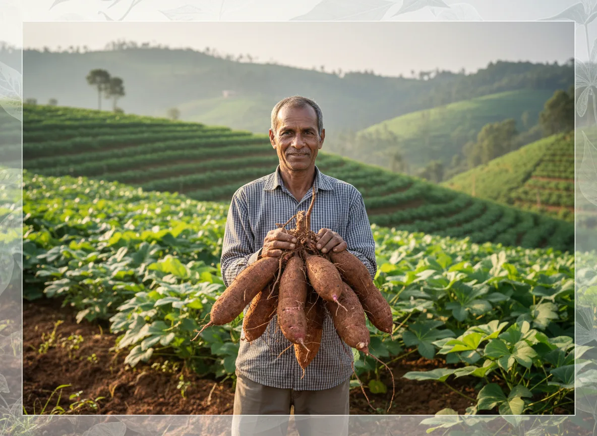 A farmer in Meghalaya holds up freshly harvested tapioca tubers in his field, showcasing a successful crop.