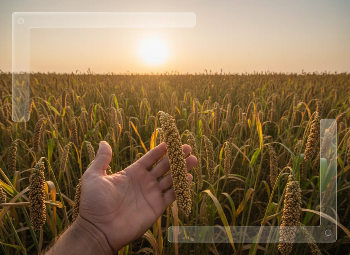 A farmer's hand holding a ripe pearl millet (bajra) earhead in a golden-lit field in Solapur, ready for harvest.