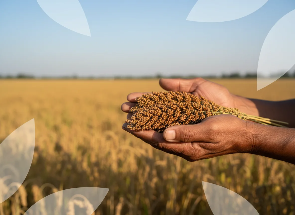 A farmer in Uttar Pradesh holding a mature Kodo millet (Kodra) panicle in a sunlit field during harvest.