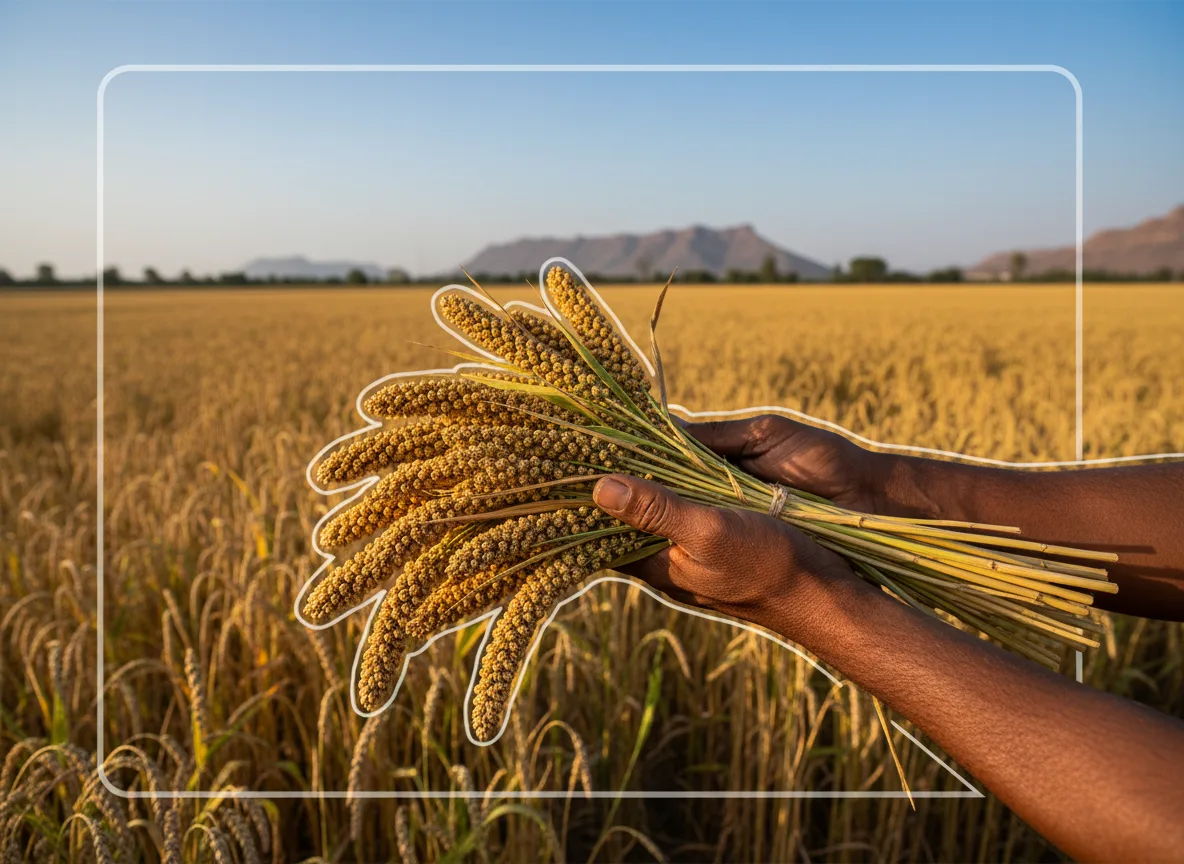A farmer in Rajasthan proudly holds harvested Kodo millet earheads, with a golden field stretching behind.