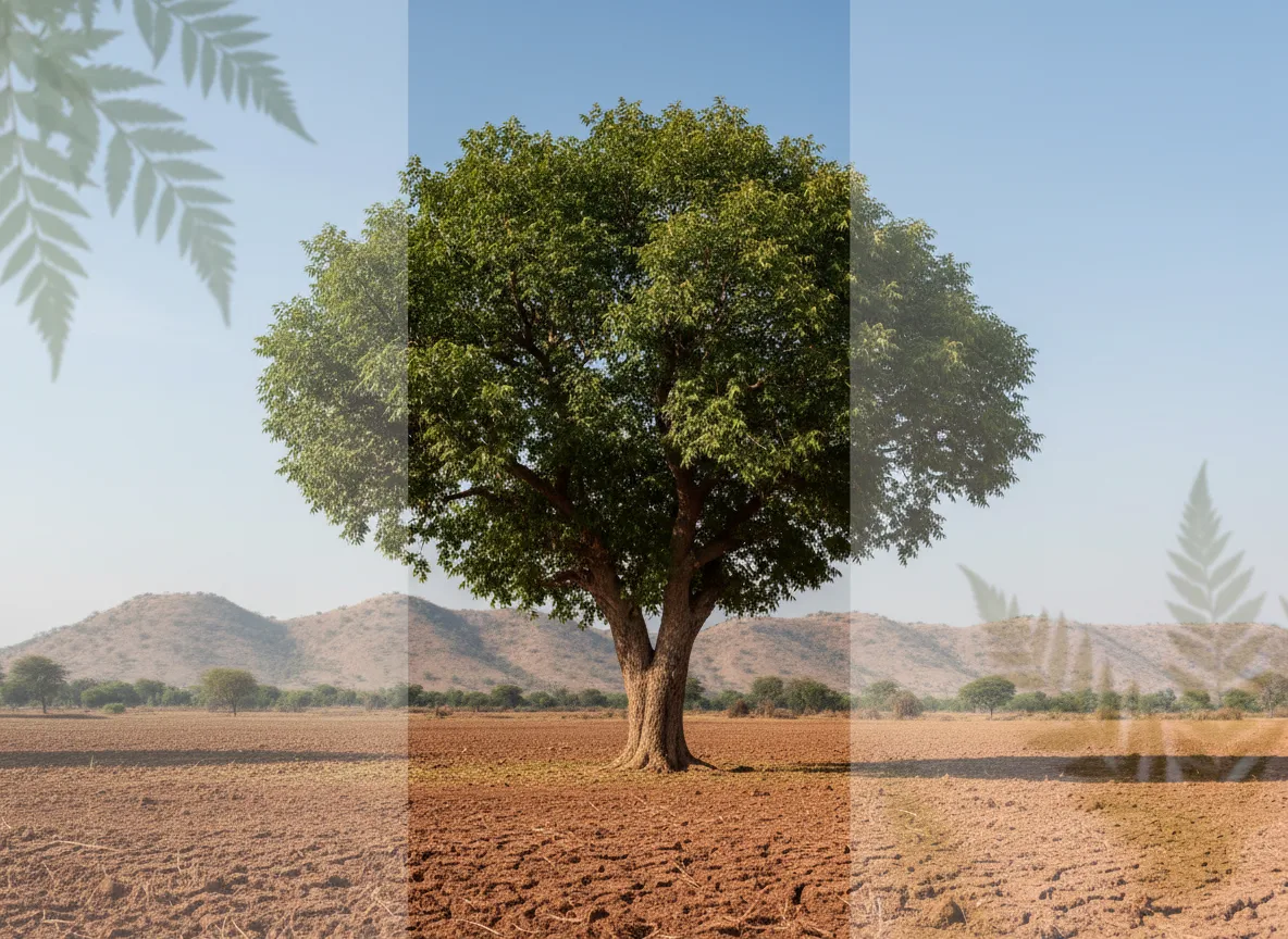 A mature Neem tree thriving in the semi-arid landscape of Kurnool, demonstrating its resilience and suitability for the region.