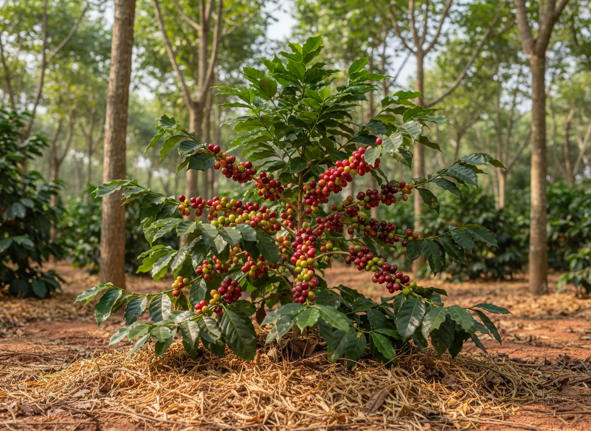A healthy Arabica coffee plant with ripe red cherries growing under shade trees in Banaskantha, Gujarat.