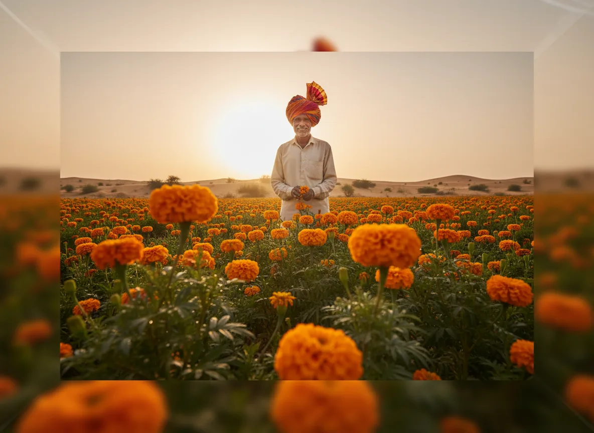 A smiling farmer in a turban stands in his field of bright orange marigolds in the Thar Desert at sunrise.