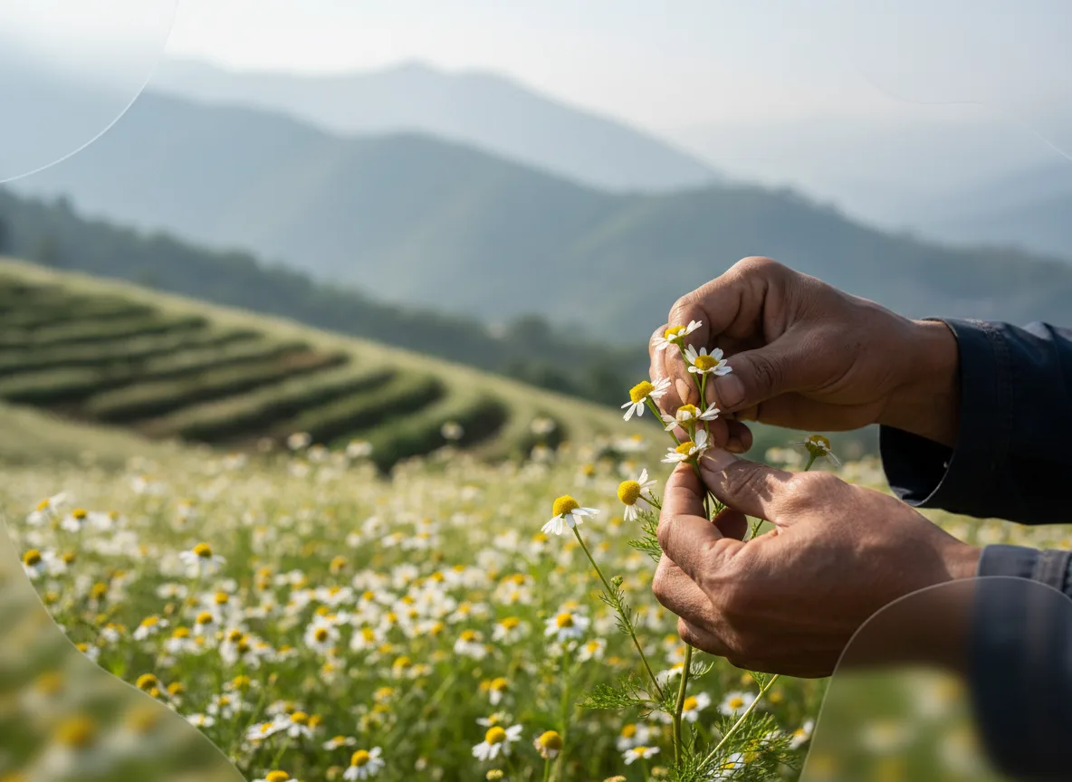 A farmer in Nagaland carefully hand-picking chamomile flowers from a terraced field during harvest.