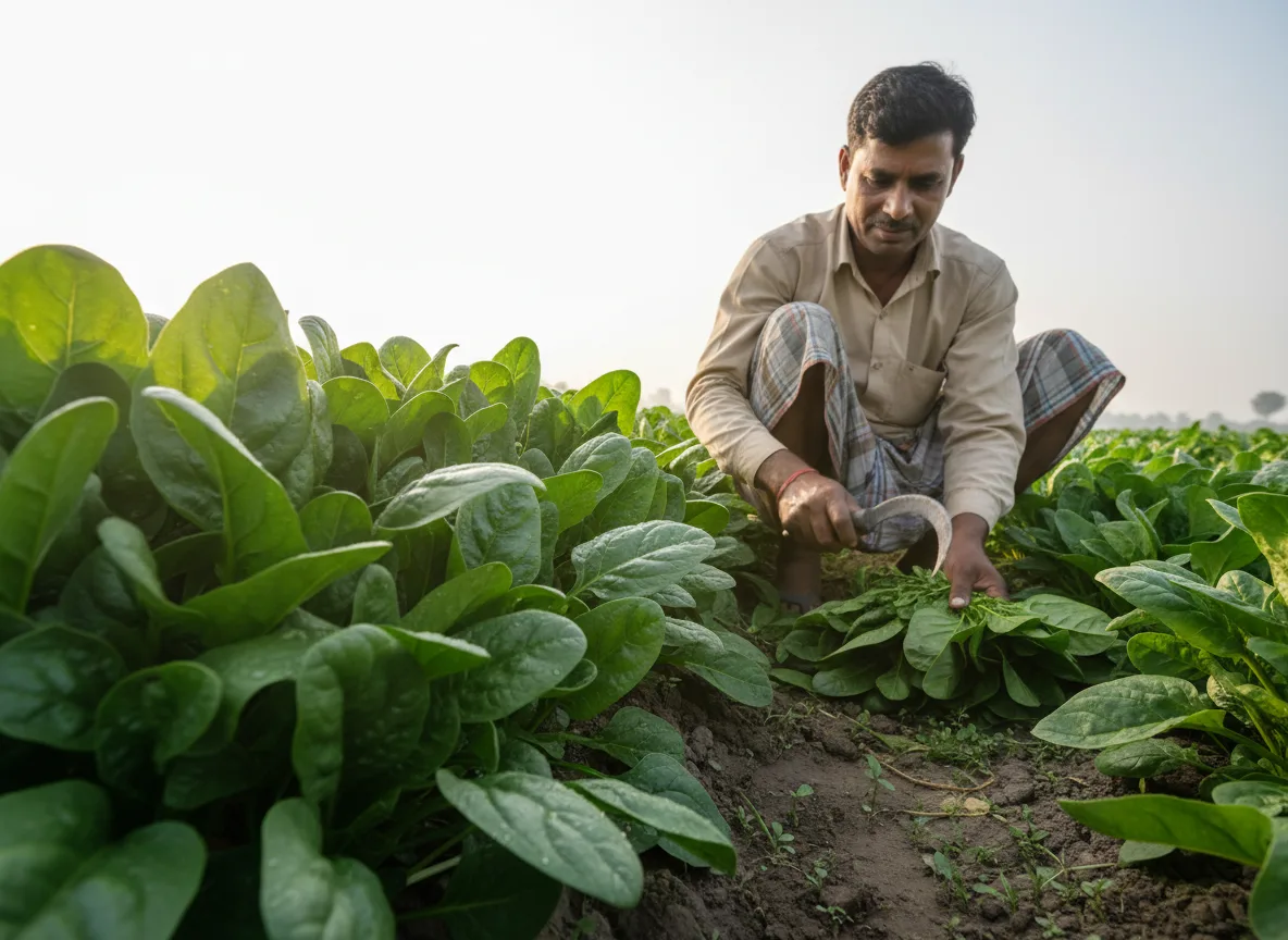A farmer in Purvanchal, India, harvesting lush green spinach leaves from a field during a sunny morning.