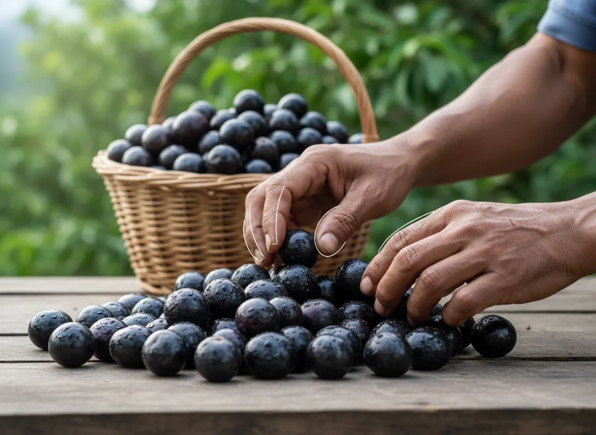 A farmer's hands sorting a pile of fresh, dark purple Meghalaya almonds (Sohiong) with a basket of harvested fruit in the background.
