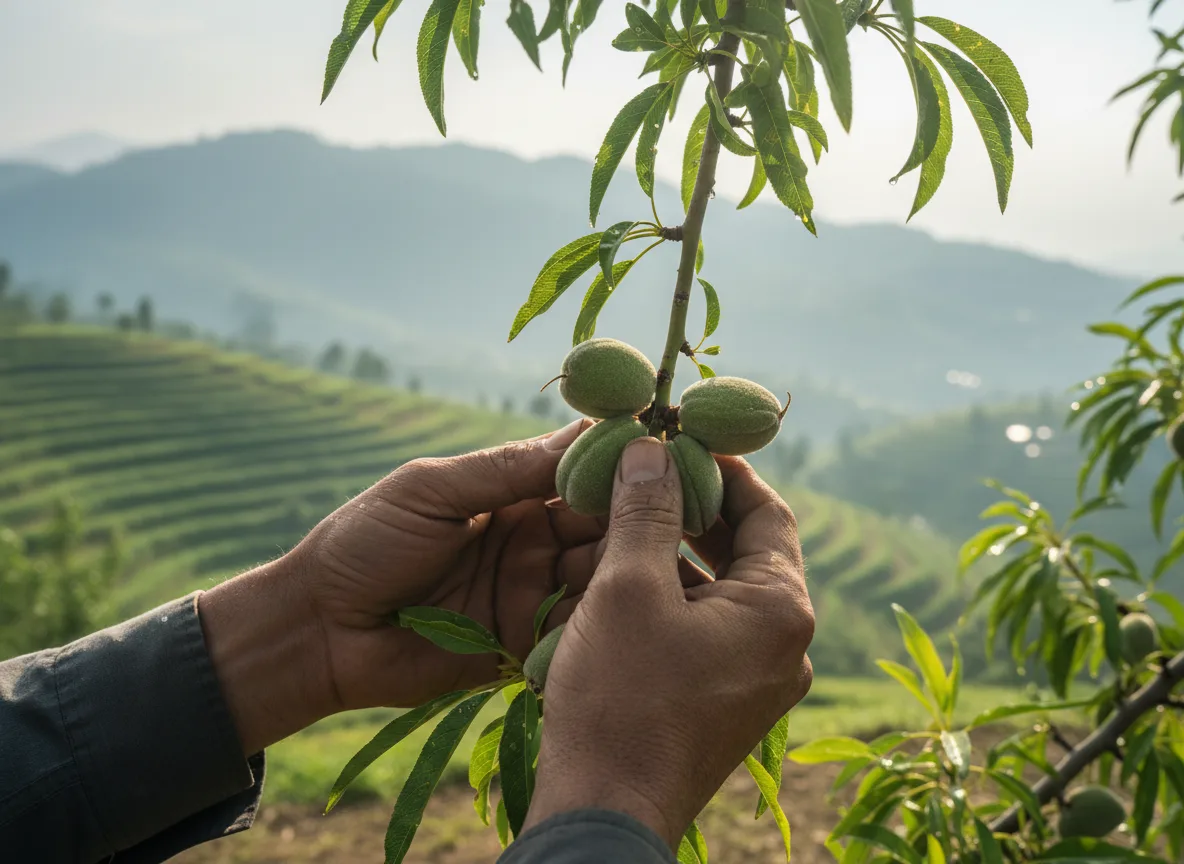 A farmer in Nagaland inspects young, green almonds growing on a tree in a hilly, terraced field.