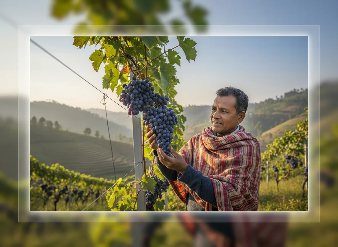 Naga farmer inspecting a bunch of purple wine grapes in his terraced vineyard in the hills of Nagaland.