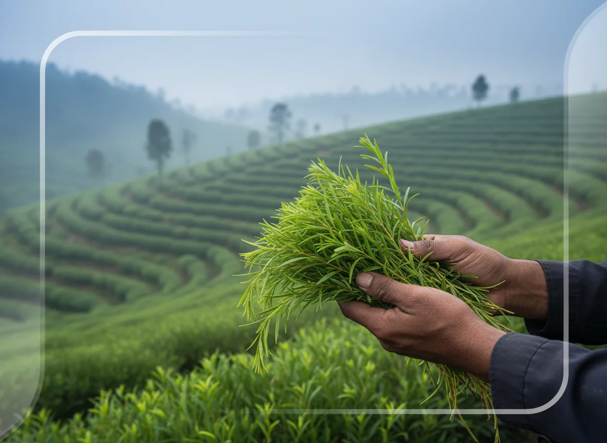 Farmer's hands holding green Rooibos leaves, with Rooibos farm on a terraced Nilgiri hillside in the background.