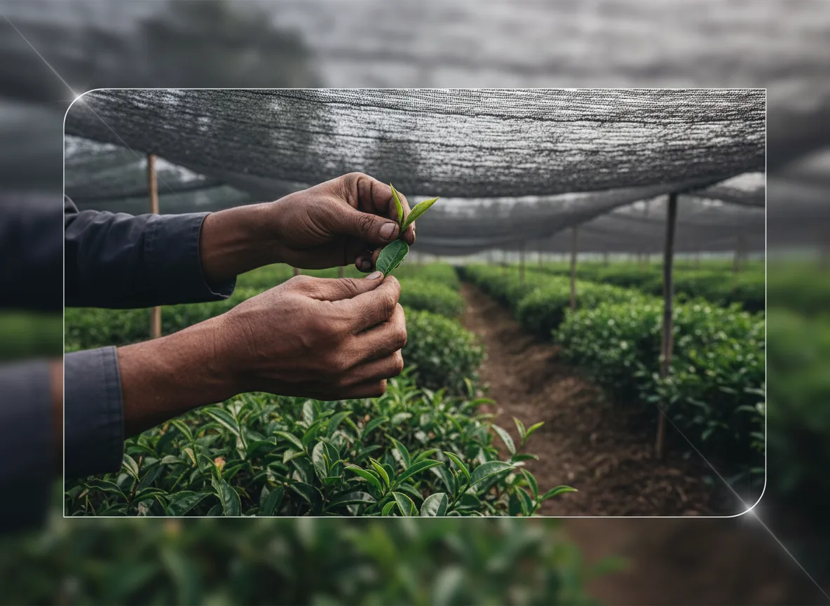 Farmer's hands carefully harvesting tender, bright green Tencha tea leaves from a shaded tea plant in a field in Malwa, India.