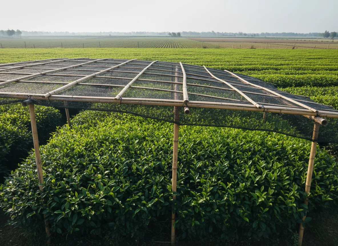 Tea bushes for Tencha (matcha) production being shade-grown under a Tana structure in Purvanchal, India.