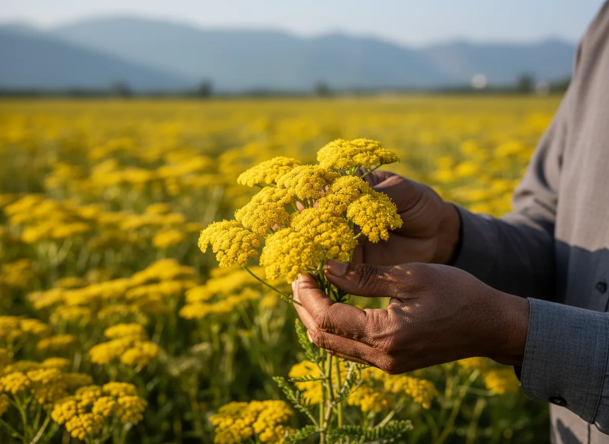 A farmer in Kongu Nadu, Tamil Nadu, inspecting a healthy yellow Achillea flower bloom in a sunlit field.