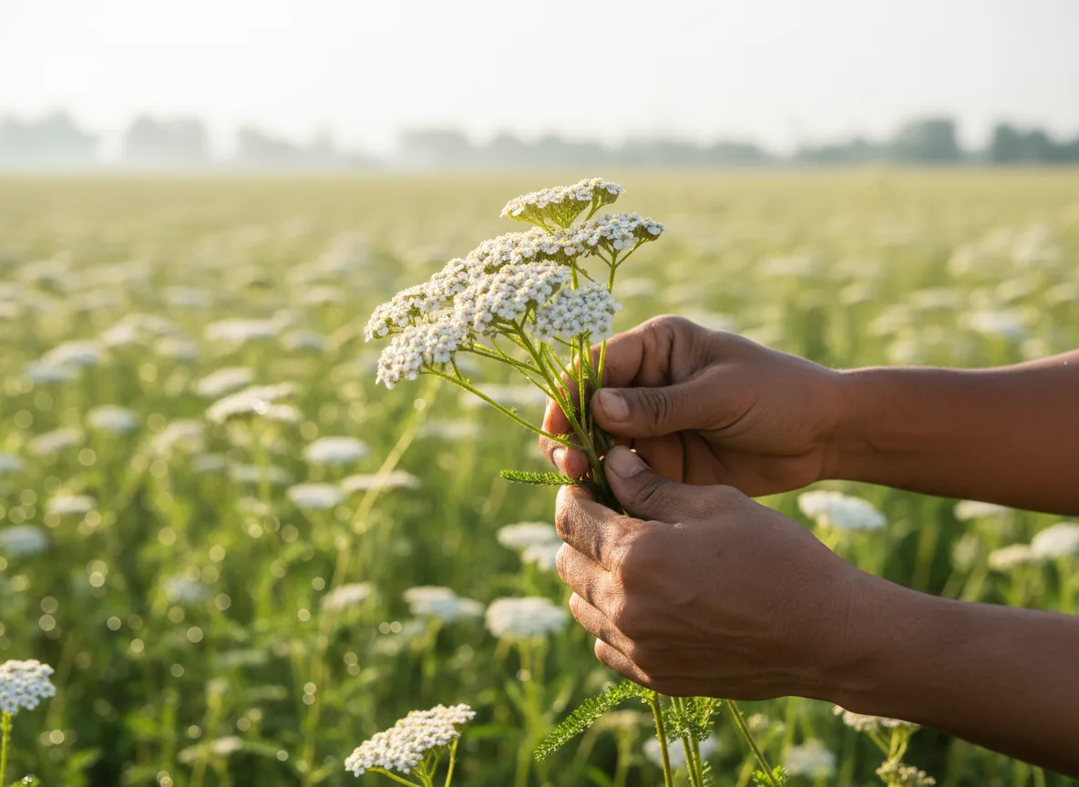 Farmer's hands harvesting white Achillea millefolium flowers in a field in the Cauvery Basin region of India.