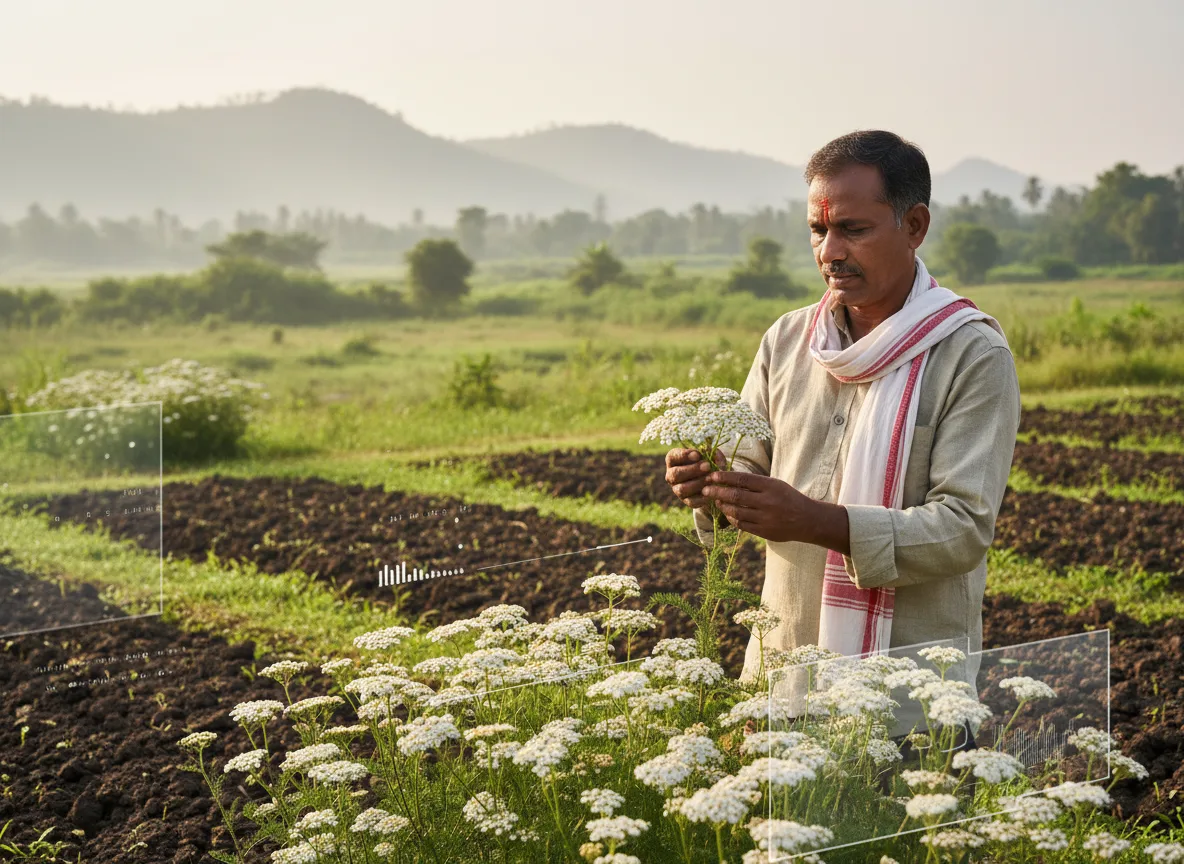 A farmer inspecting a healthy crop of white Achillea millefolium (yarrow) flowers on a farm in the Brahmaputra Valley, Assam.