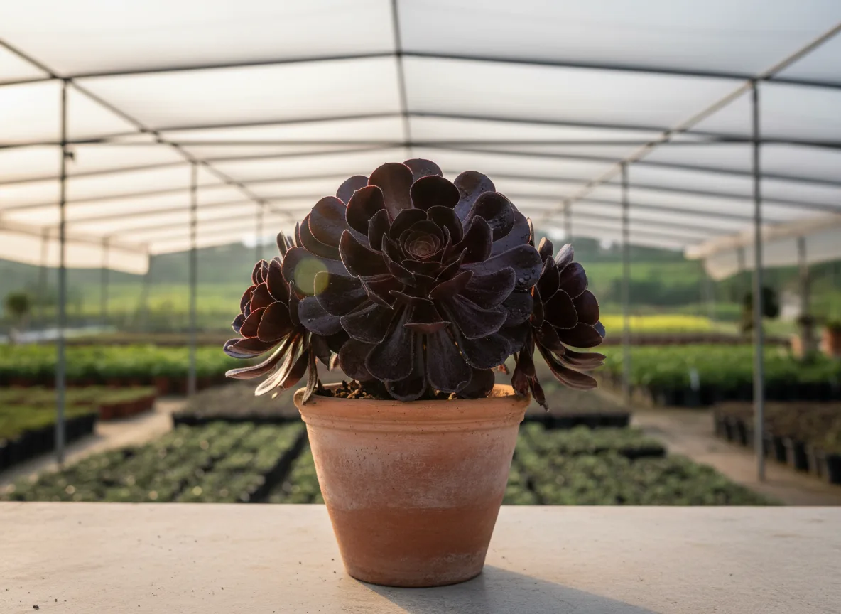 A large, dark purple Aeonium 'Zwartkop' succulent in a clay pot at an Indian nursery.