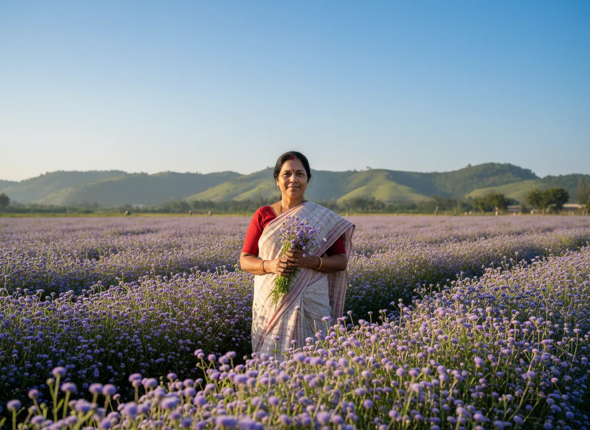 A Manipuri farmer standing in her flourishing field of blue and purple Ageratum flowers, showcasing a successful harvest.