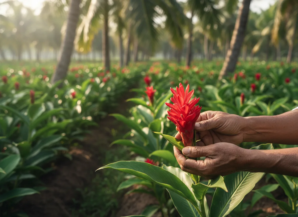 A farmer inspects a healthy red Alpinia flower spike in a lush plantation in Maharashtra.