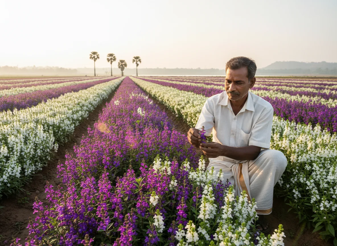 An experienced Indian farmer in a checkered shirt inspects a dense, healthy row of purple and white Angelonia flowers in a sunny field.