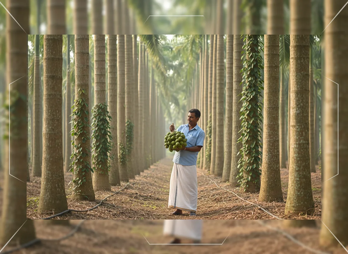 A farmer inspecting a bunch of green areca nuts in a well-managed areca palm plantation in North Karnataka.