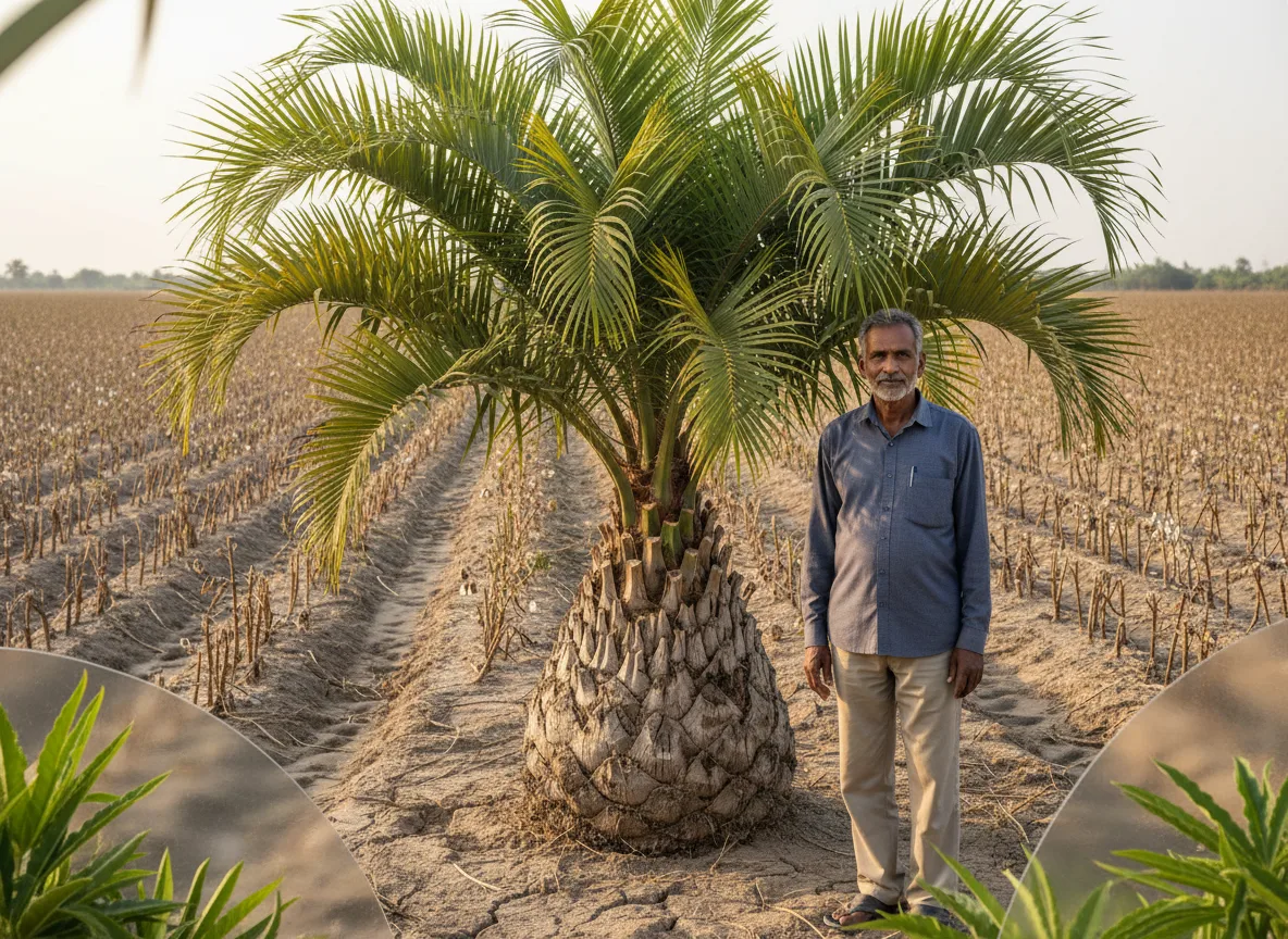 An Indian farmer standing next to a large, healthy Beaucarnea plant in a field, with dry cotton fields in the background.