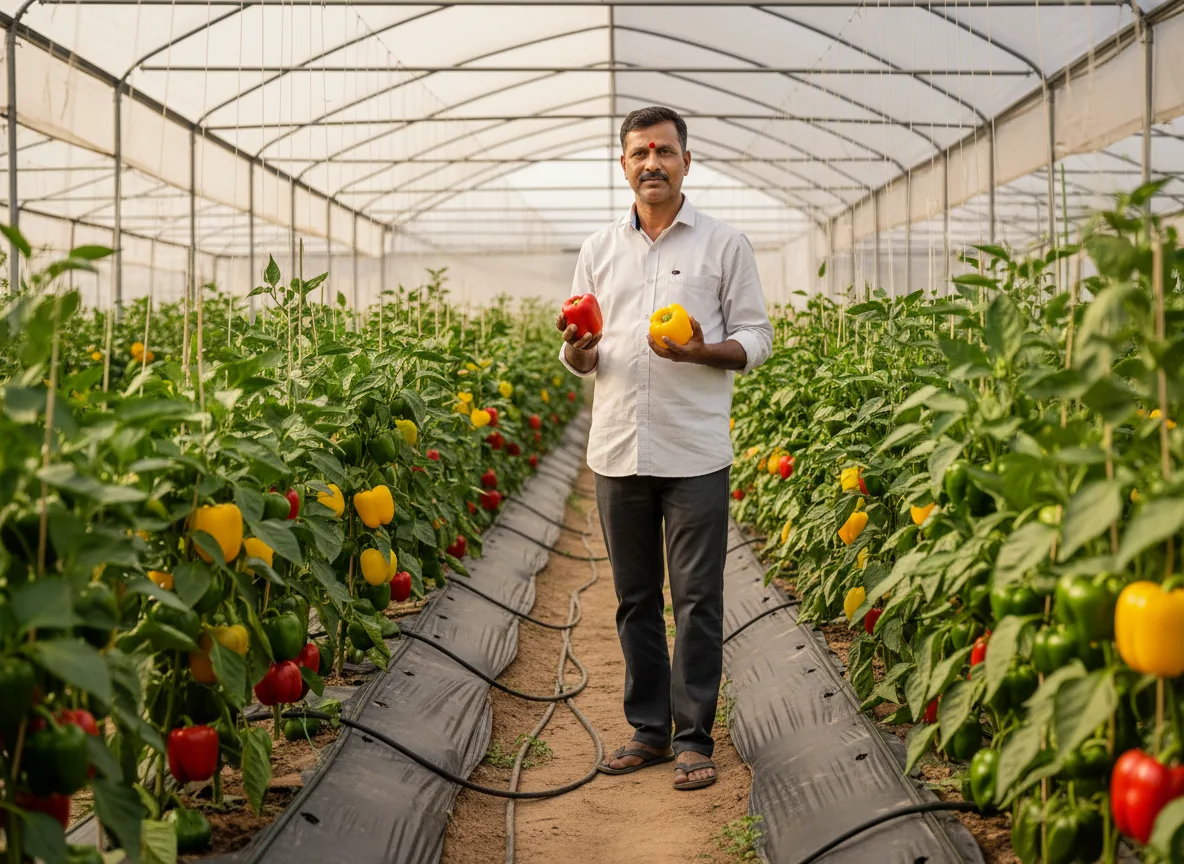 An Indian farmer in a shade net house in Andhra Pradesh holding up red and yellow bell peppers from his successful crop.