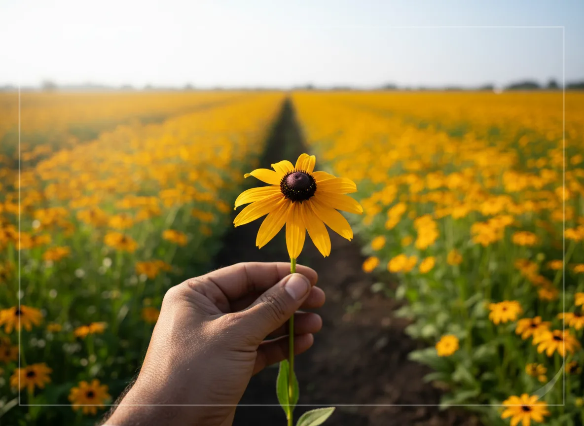 A farmer's hand holding a harvested Black-Eyed Susan flower in a sunlit field in Malwa, India.