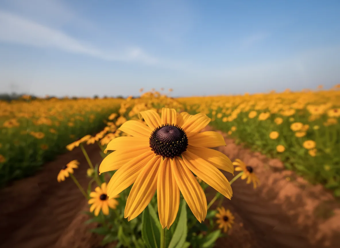 A vibrant Black-Eyed Susan flower with golden petals blooming in a field in Rayalaseema, India.