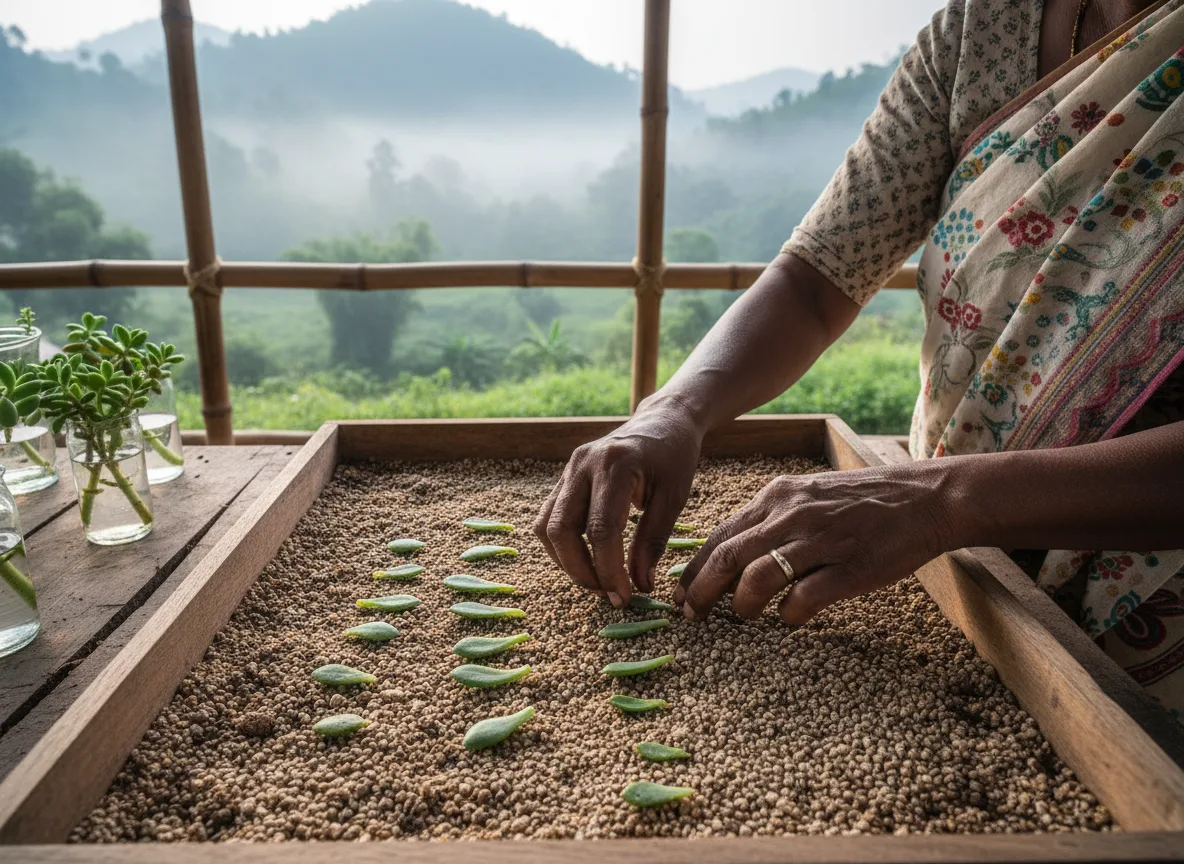 A close-up of hands planting Burro's Tail succulent leaves in a nursery tray, with the green hills of Manipur in the background.