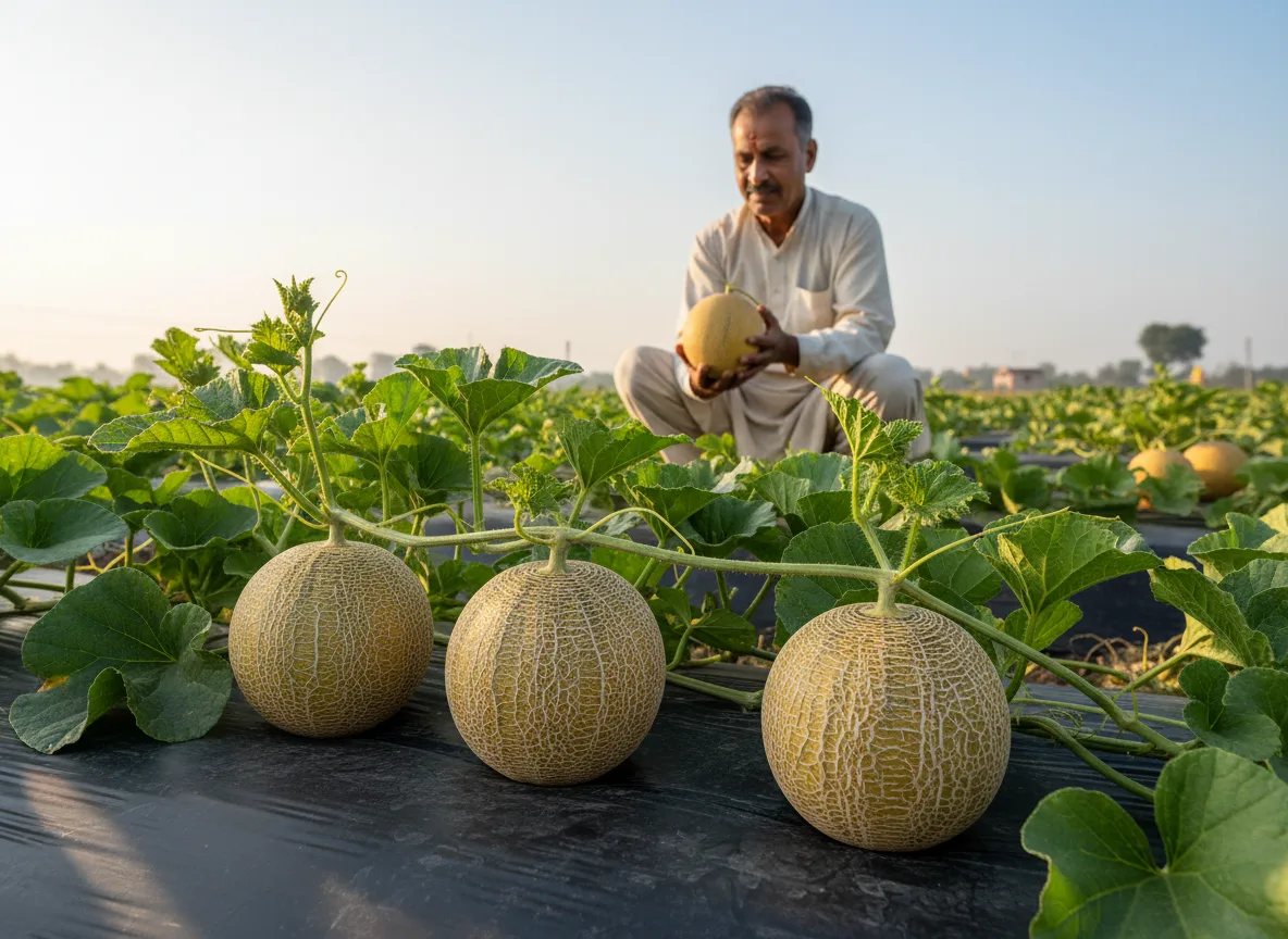 A ripe cantaloupe fruit on the vine being inspected by an Indian farmer in a field with plastic mulch.
