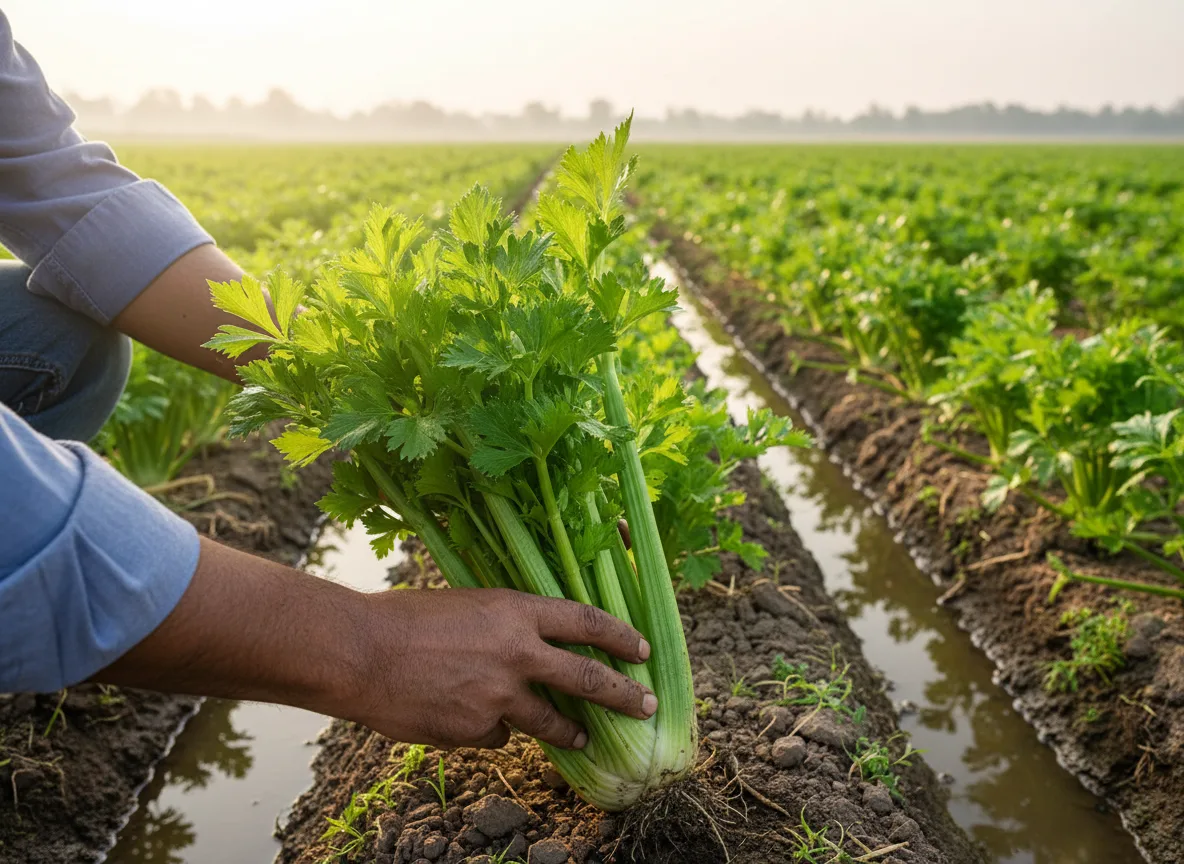 A farmer harvesting a fresh bunch of green celery from a field in North Karnataka.