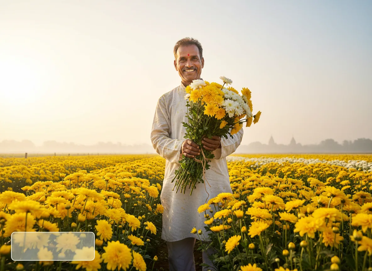 An Indian farmer smiling in his field of yellow chrysanthemums in Varanasi, holding a freshly harvested bunch of flowers.