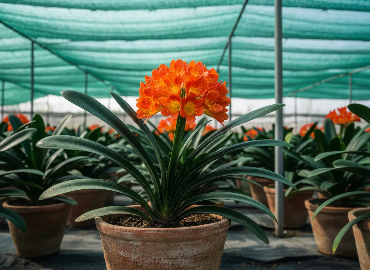 A healthy Clivia miniata plant with a large cluster of bright orange flowers, growing in a pot under a shade net in a Solapur nursery.