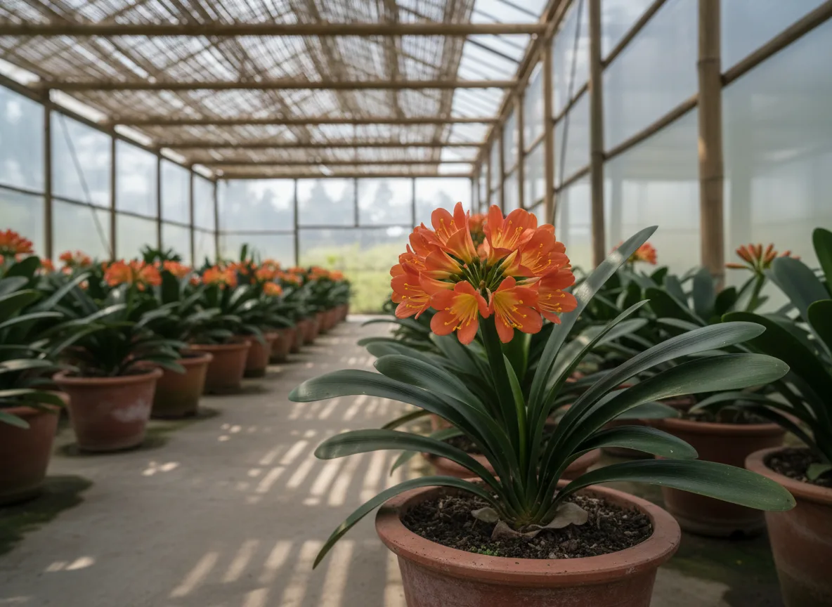 A healthy Clivia miniata plant with a bright orange flower cluster, grown in a pot inside a commercial shade house in Ludhiana, India.