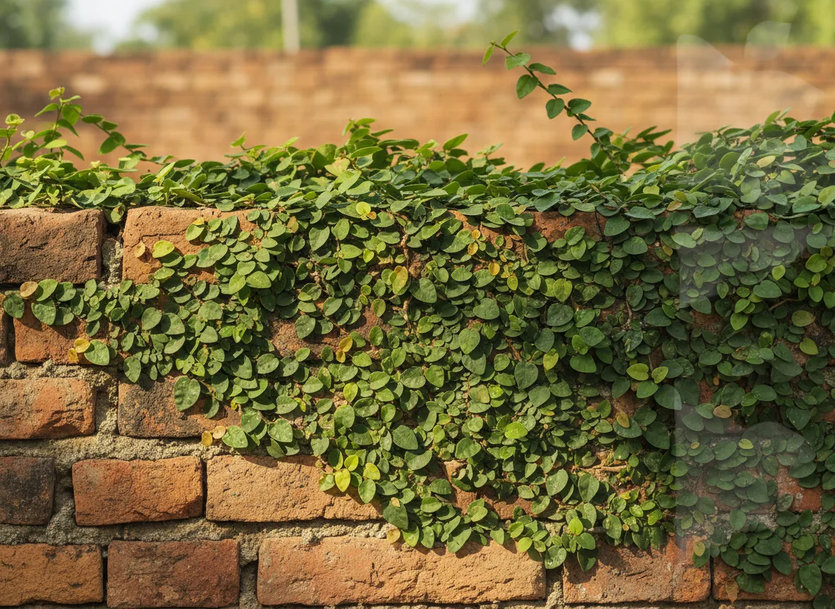 A dense wall of green Creeping Fig (Ficus pumila) with its small leaves covering an old brick wall in Kongu Nadu.